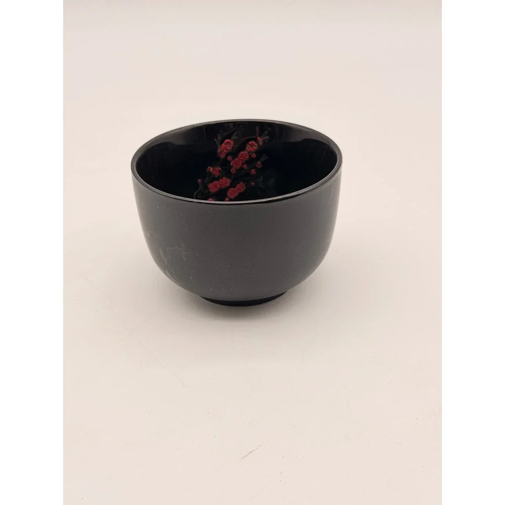 Visun China Black Ceramic Bowl Red Cherry Blossom Sakura Asian Style 4.5 inch